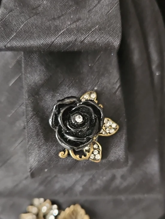 Black Upcycled Necktie Necklace with a Black Rose and Pearls - Picture 4 of 6